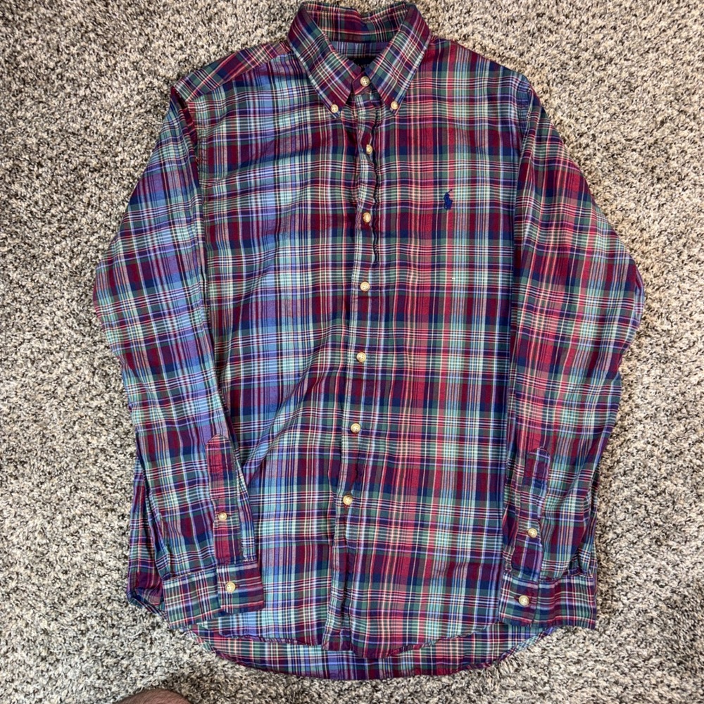 Ralph Lauren Mens M Plaid Button Down Shirt Red Blue Green Cotton Long Sleeve